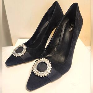 Michael Michael Kors "Viola"Black Suede w/Crystal Brooch Accent Pumps Sz.10 $160